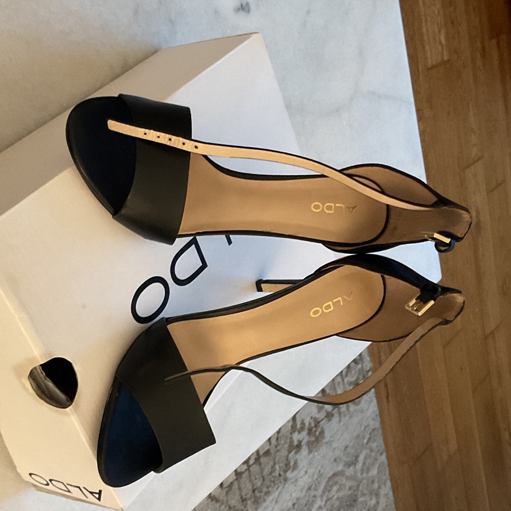 ALDO Black Open-Toe Slingback Heels with Gold Buckle Accent